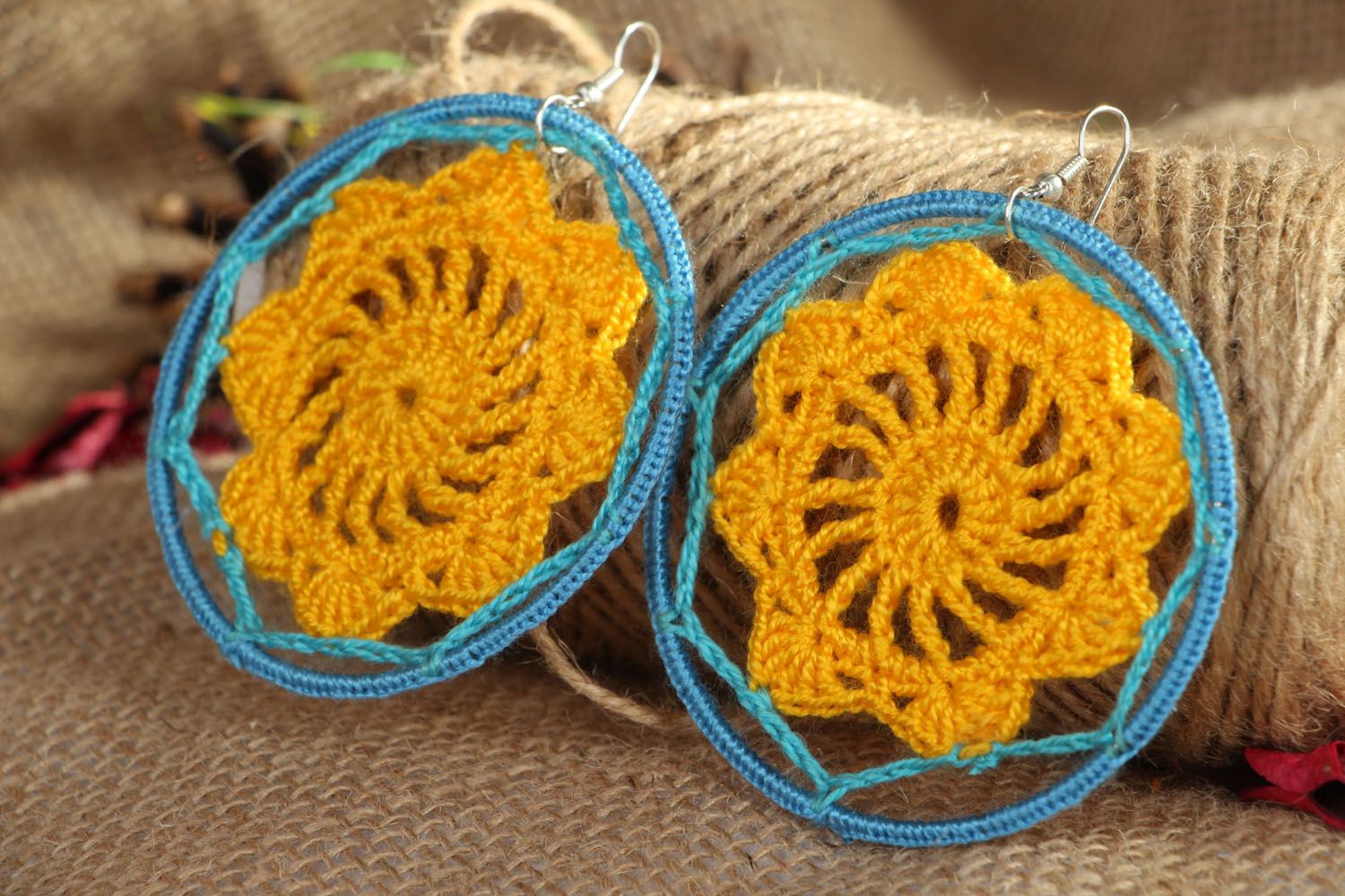Round crochet earrings Blue and Yellow photo 4