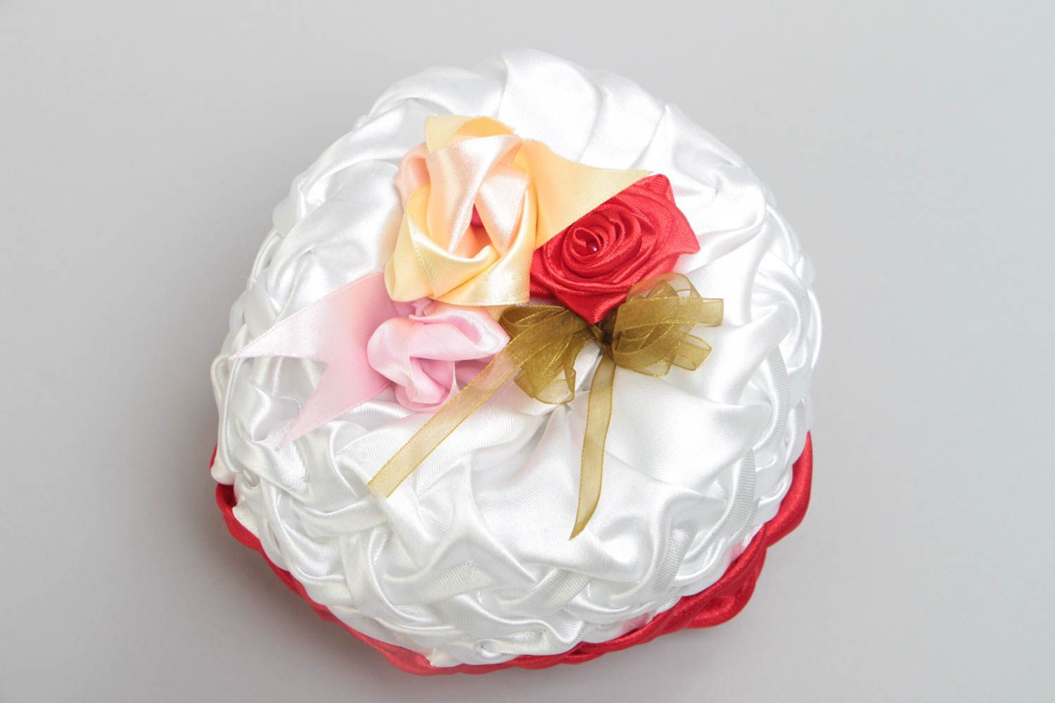 Handmade wedding satin ring pillow with flowers and red and white ribbons photo 2