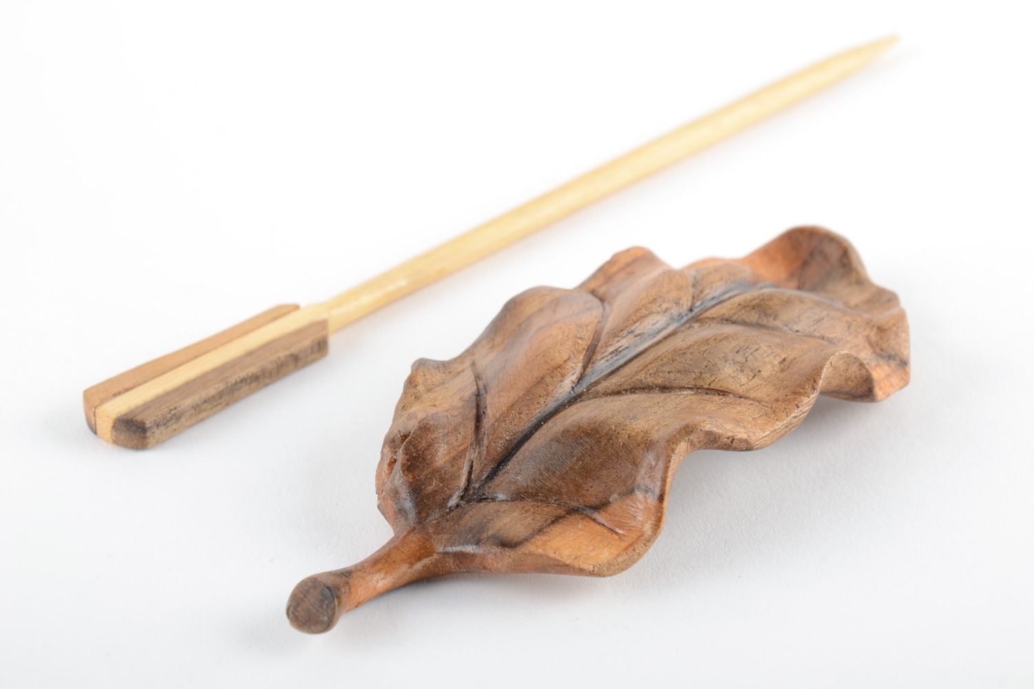 Handmade carved wooden hair clip with stick in the shape of leaf in ethnic style photo 4