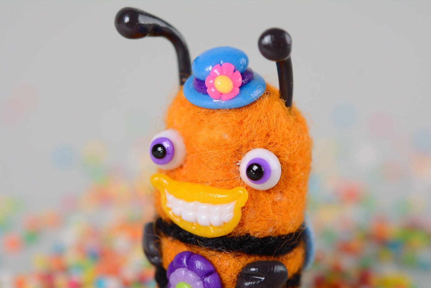 Miniature felted toy made of natural wool Bee with polymer clay elements photo 2