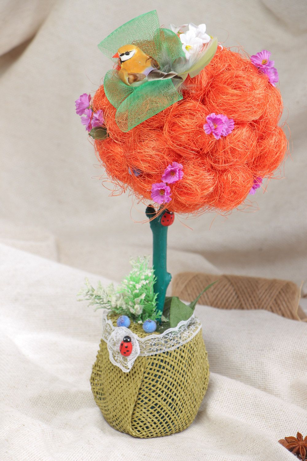 Handmade sisal topiary decorative tree of happiness with bird photo 1