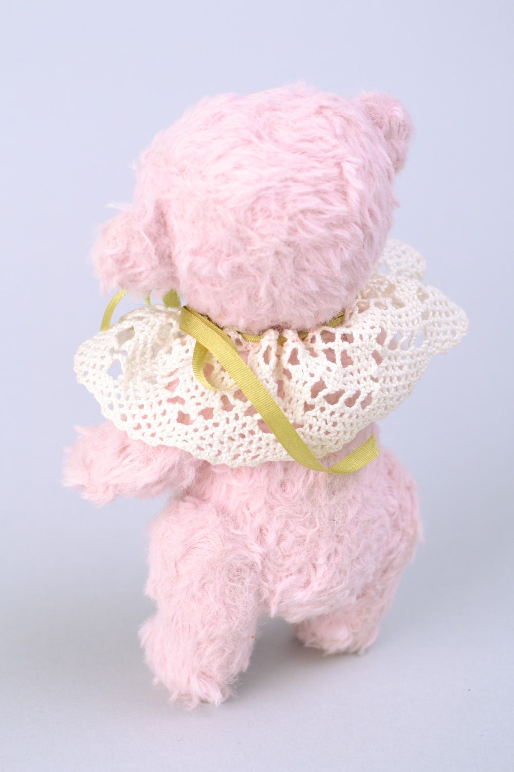 Handmade designer soft toy bear sewn of fabric of pink color with lacy collar  photo 5
