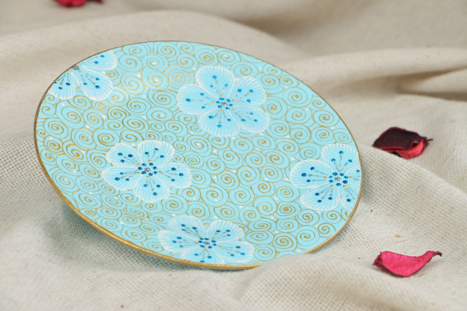 Handmade round ceramic plate with painting in blue color palette for present photo 5