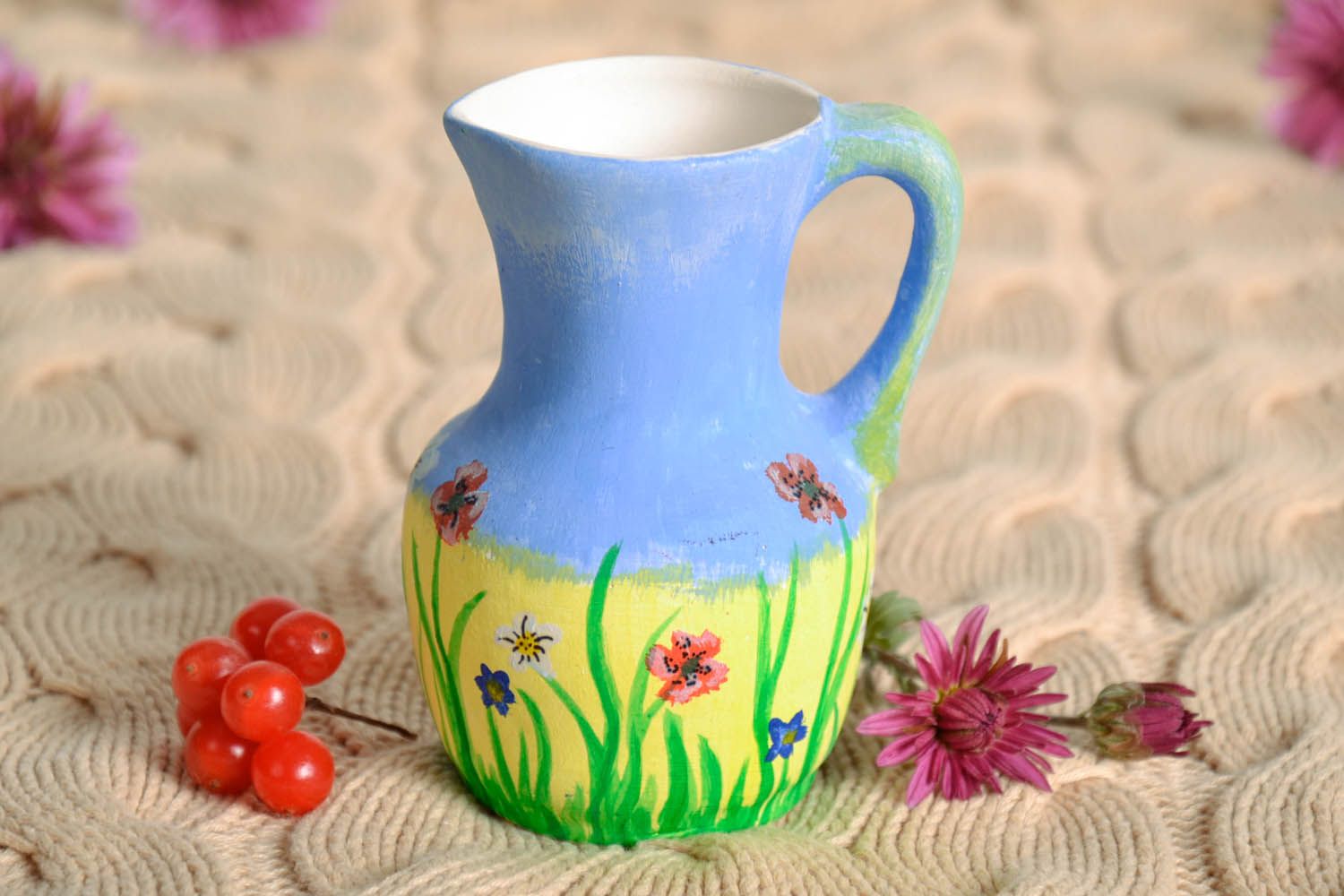 4 inches handmade hand-painted pitcher in floral décor 0,26 lb photo 1