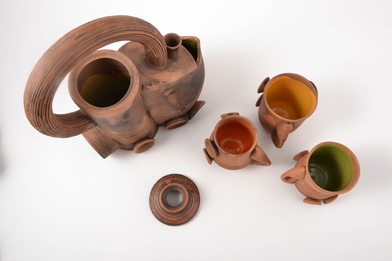 Заварной чайник ручной работы керамический чайник три чашки из глины набор фото 2