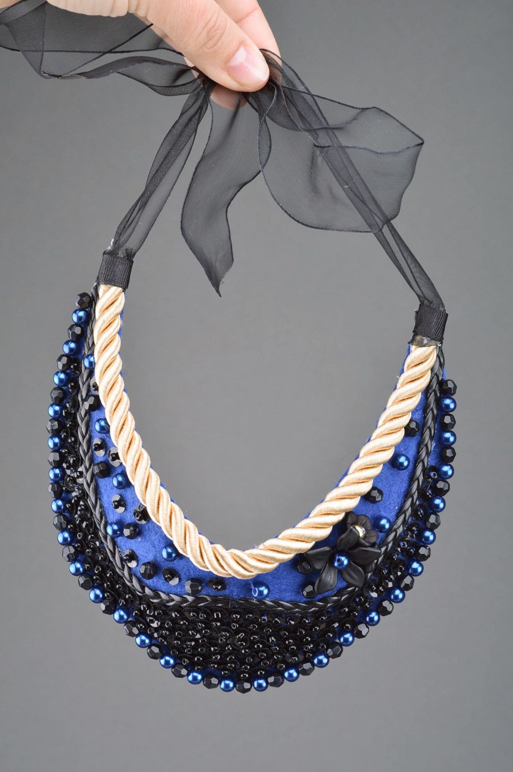 Handmade bead embroidered collar necklace in blue color palette with ribbons photo 4