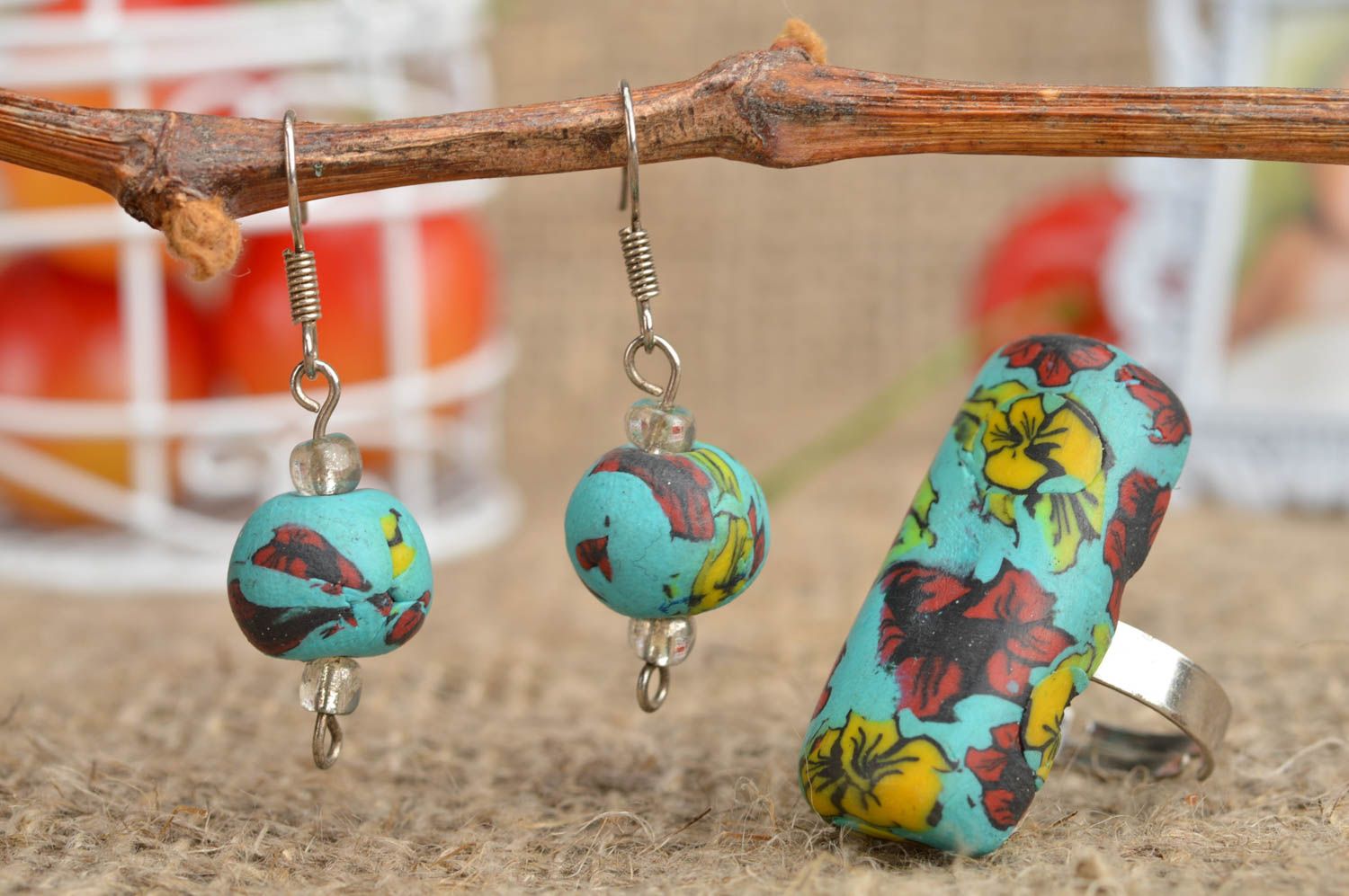 Set of handmade elegant jewelry of polymer clay 2 pieces earrings and ring  photo 1