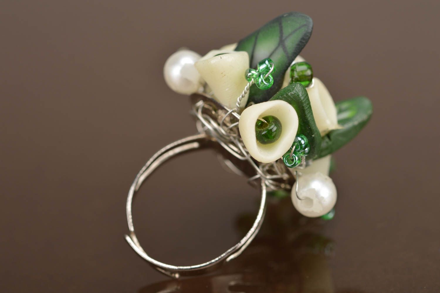 Designer polymer clay handmade ring bouquet of snowdrops with adjustable size photo 3