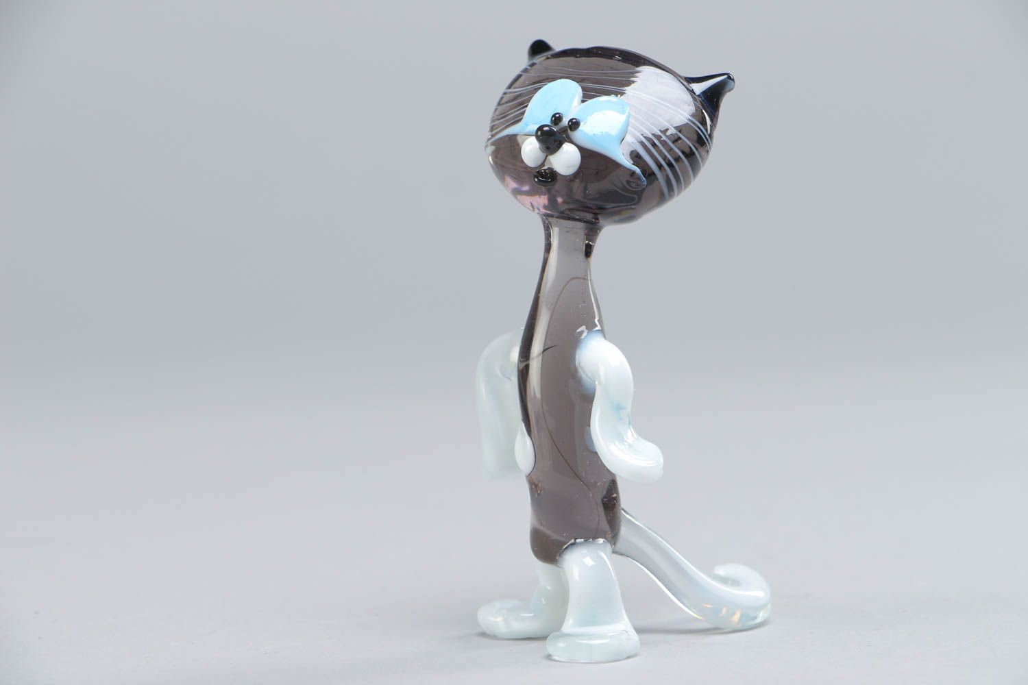 Handmade collectible miniature lampwork glass animal figurine of gray kitten photo 2