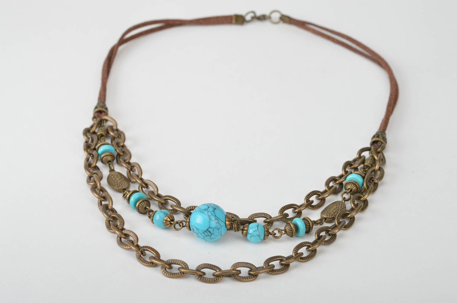 Unusual handmade designer metal necklace on cord with beads photo 2