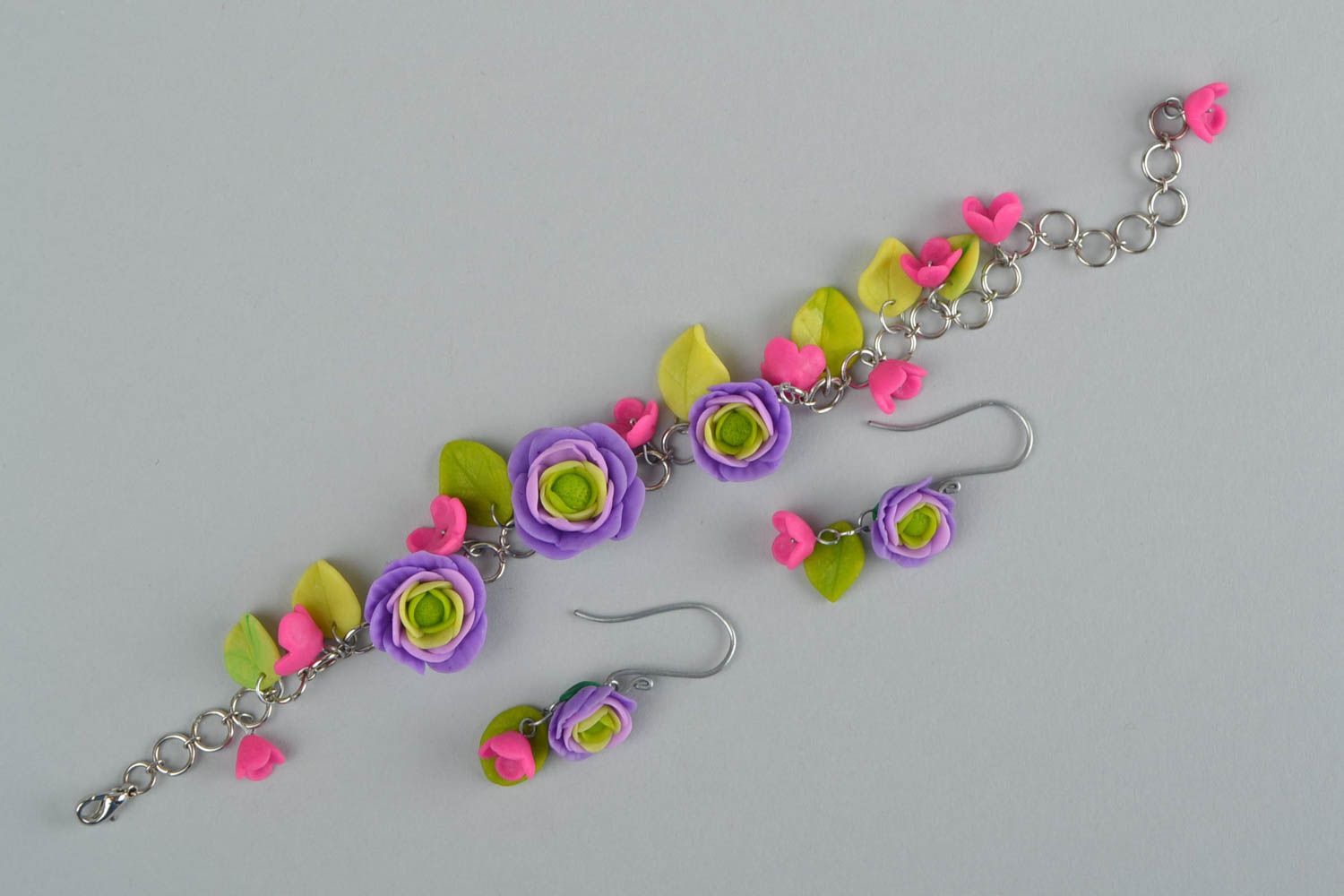 Violet and pink flowers charm chain bracelet for daughter photo 3