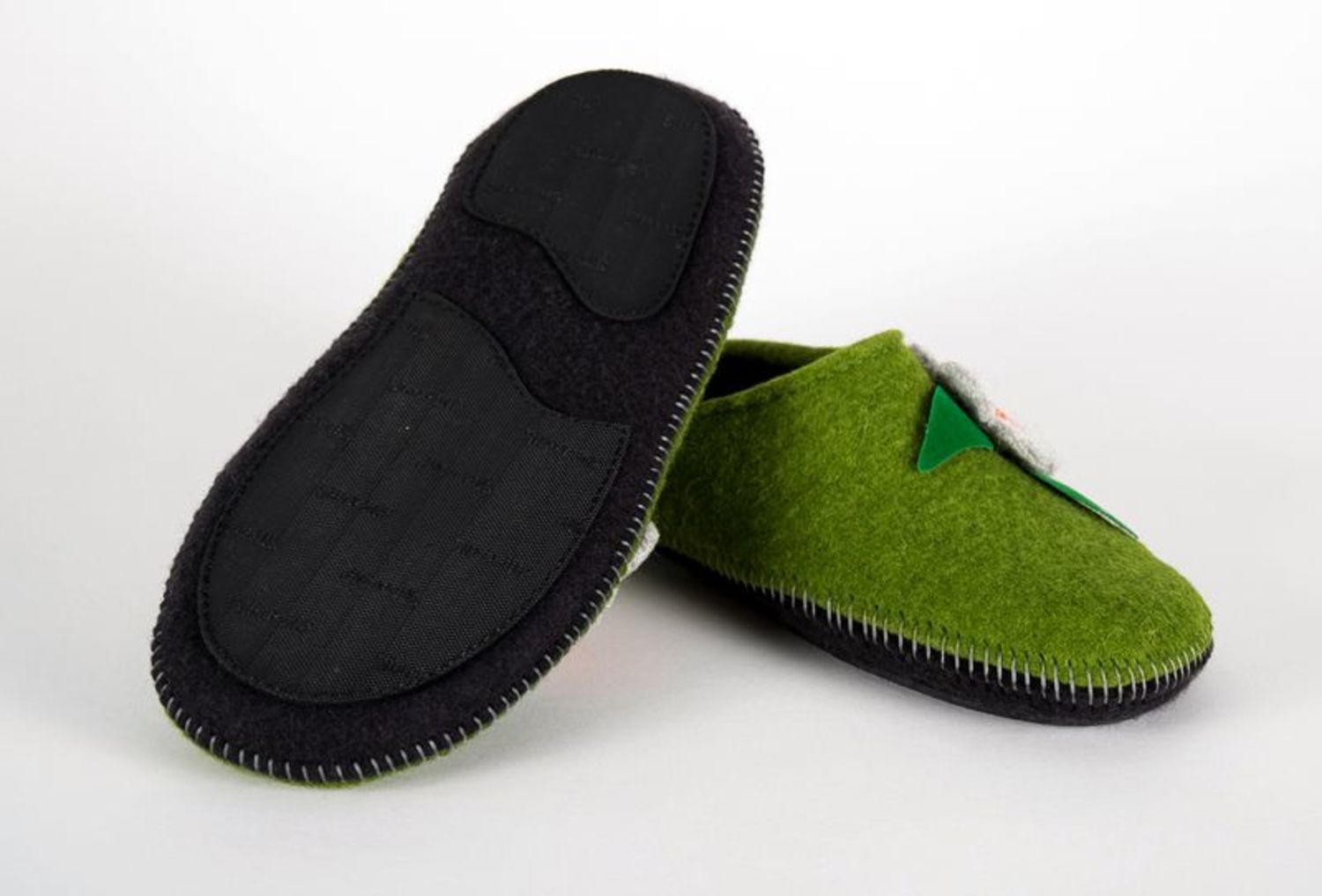 Women's felt slippers of green color with a flower photo 4