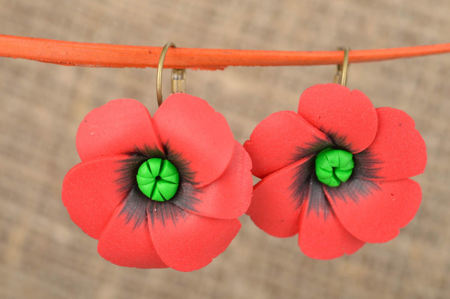 Beautiful handmade earrings made of polymer clay with charms Red poppies photo 1
