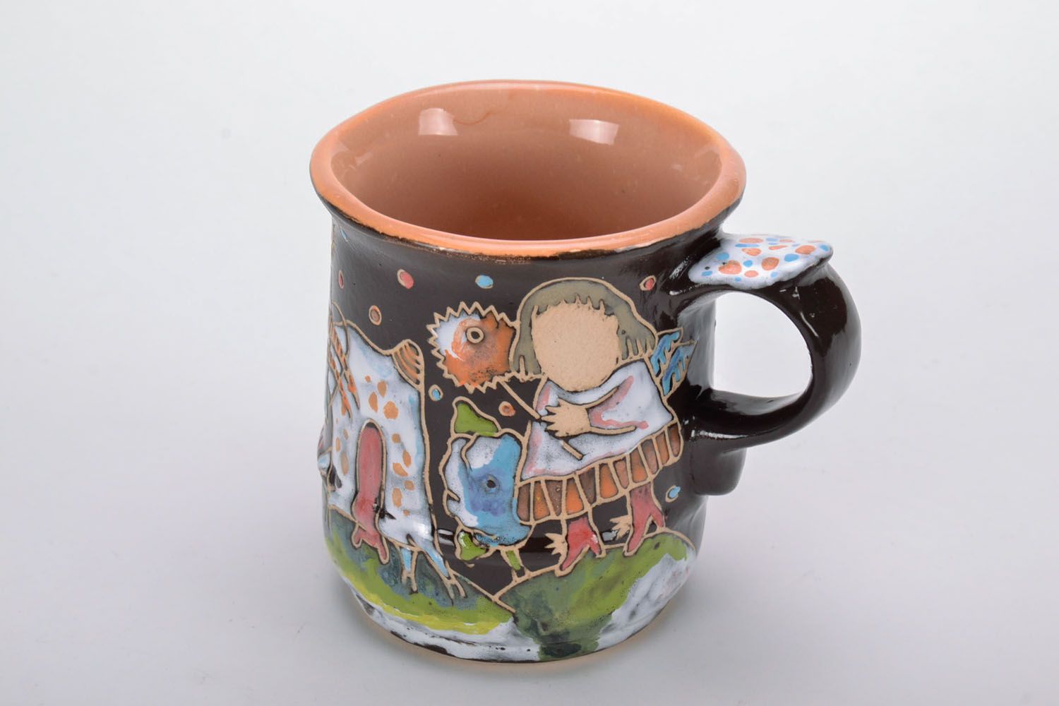 8 oz clay ceramic porcelain glazed tea mug with handle and fairy tail creatures pattern photo 2