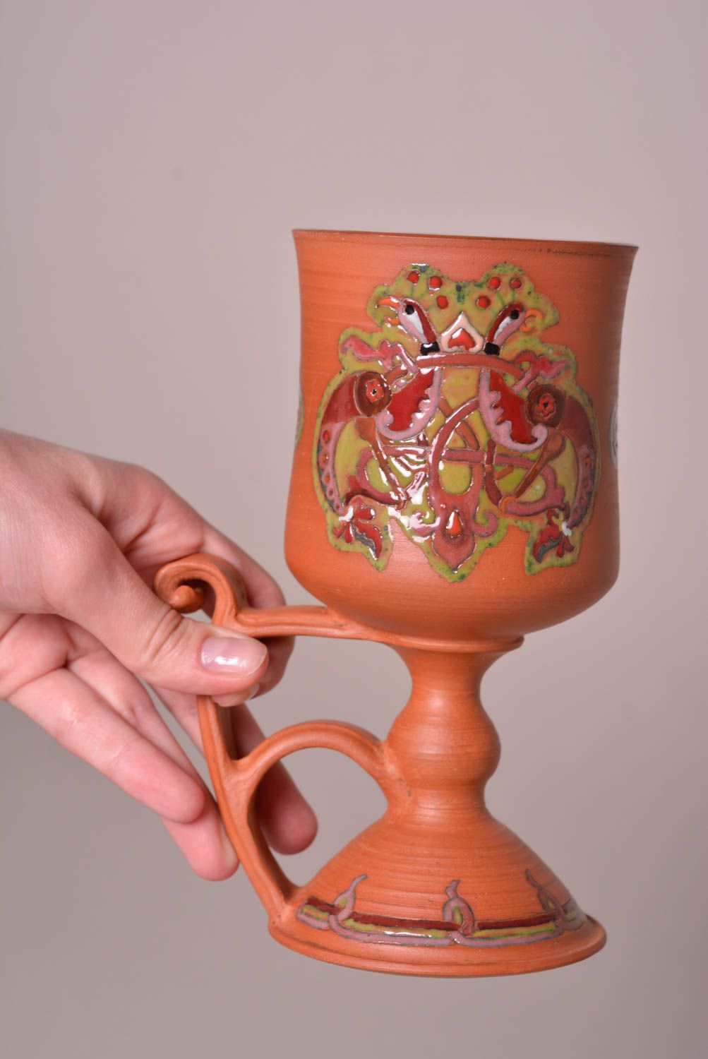 Large 16 oz clay wine goblet on a tall stand with handle photo 2