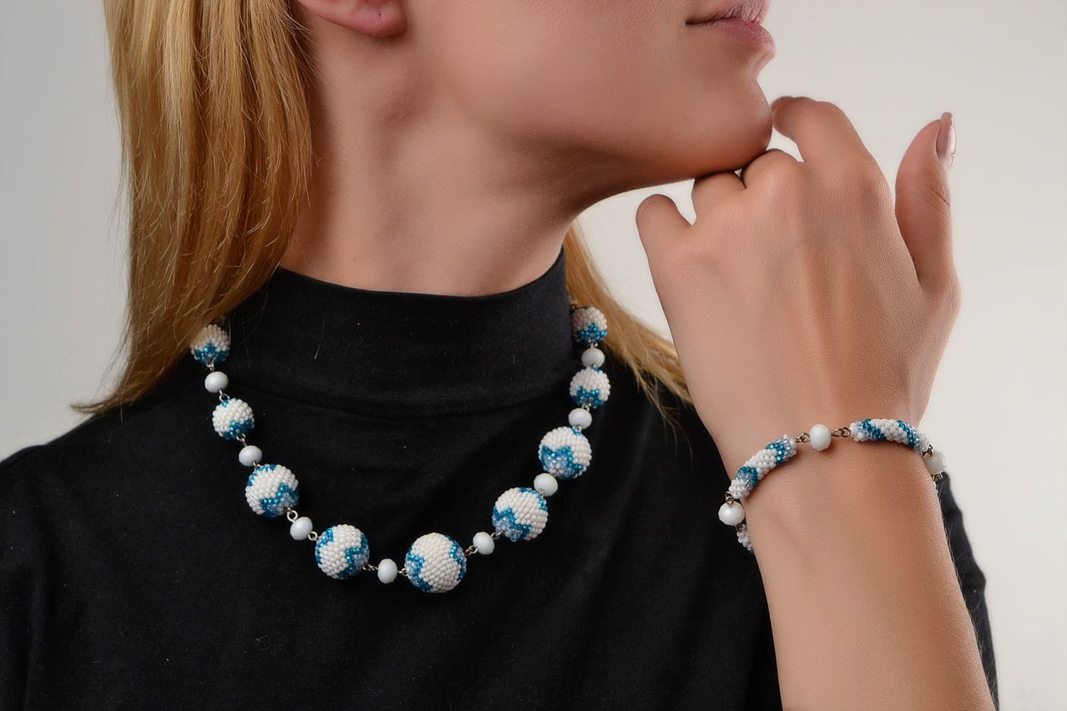 Bead set of necklace and chain bracelet in white and blue color. Great gift for girls photo 2