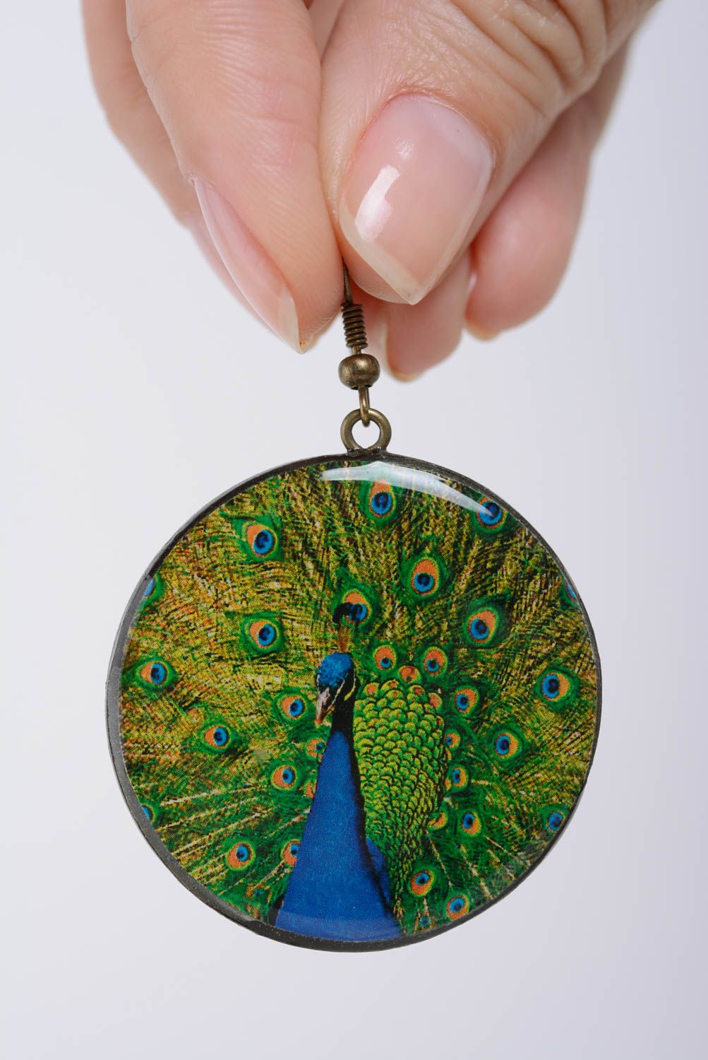 Beautiful handmade decoupage polymer clay round earrings with peacocks photo 4