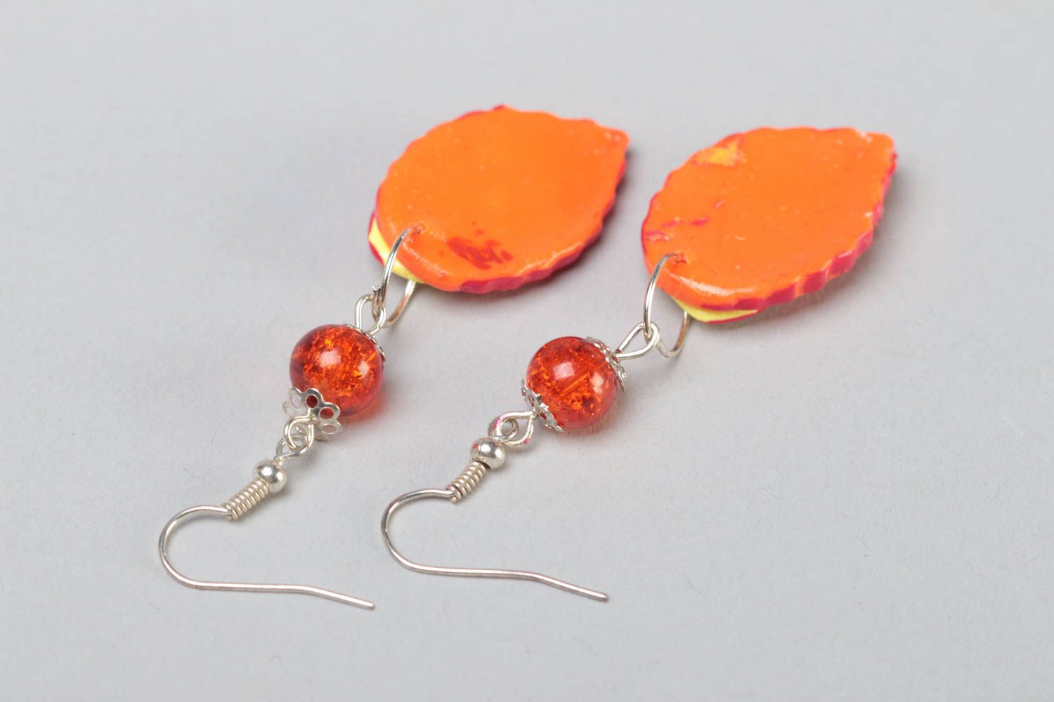 Handmade polymer clay dangling earrings with bright orange leaves with beads photo 4