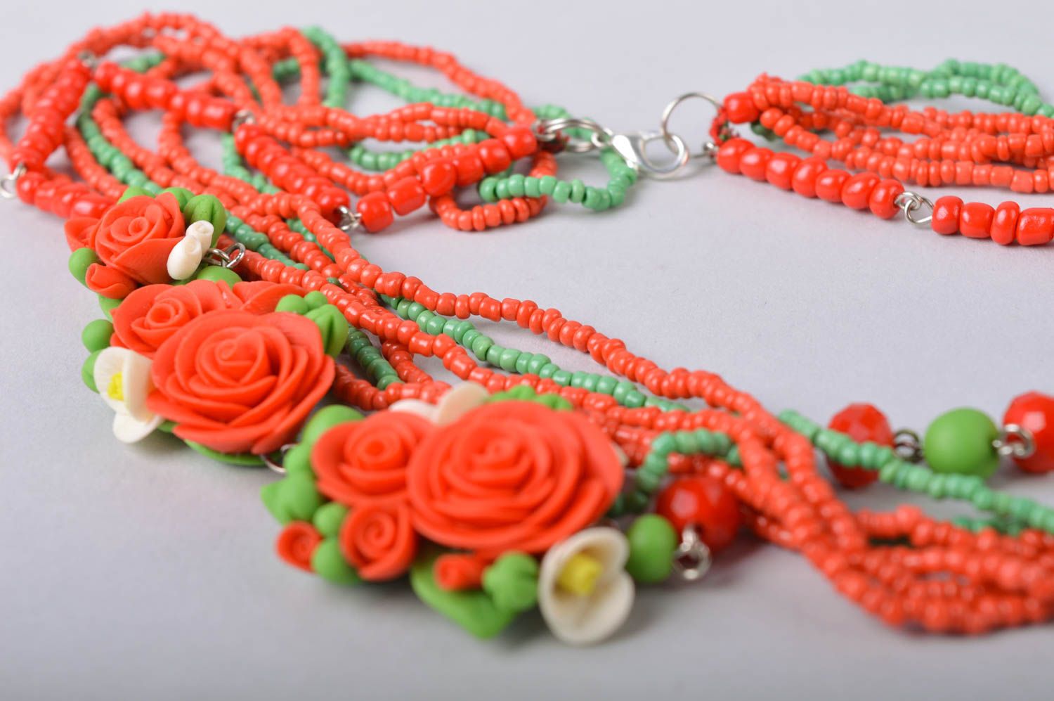 Multirow red necklace made of cold porcelain with roses created manually  photo 5