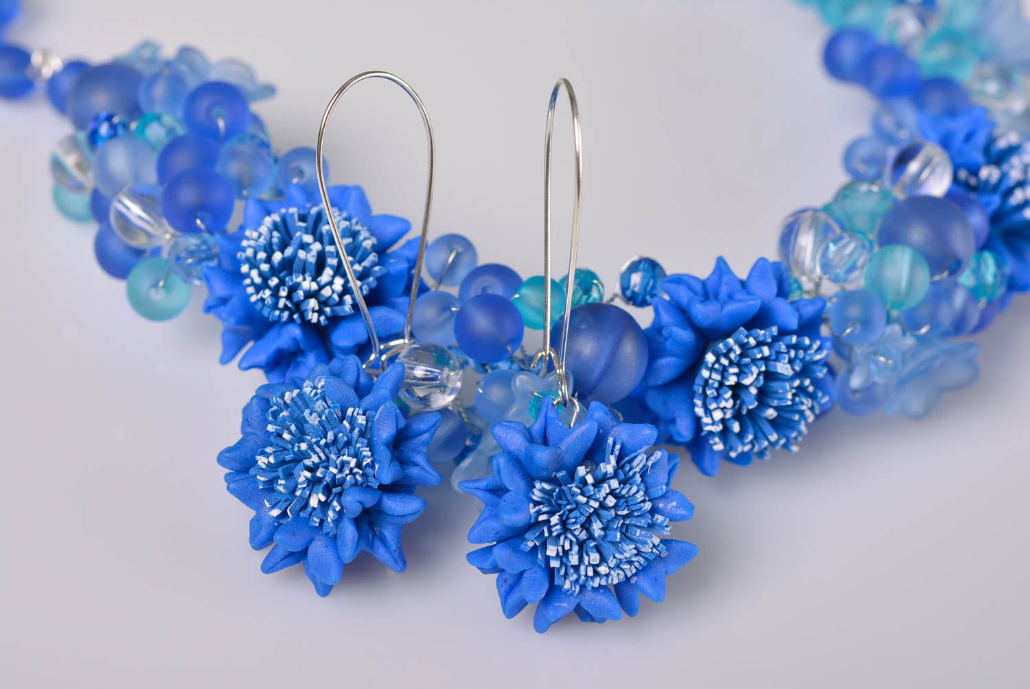 Set of jewelry made of polymer clay handmade earrings and necklace in blue color photo 2
