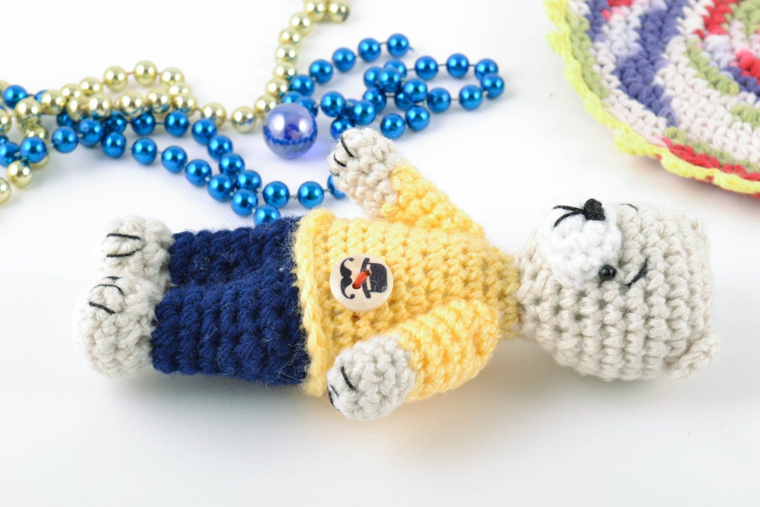 Petit jouet mou Ourson tricoté en laine naturelle original joli fait main photo 1