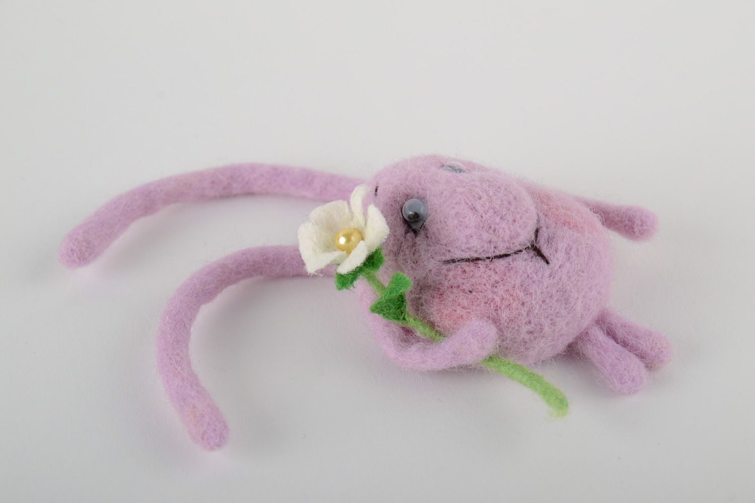 Handmade decorative fridge magnet felted of natural wool lilac rabbit with flower photo 4