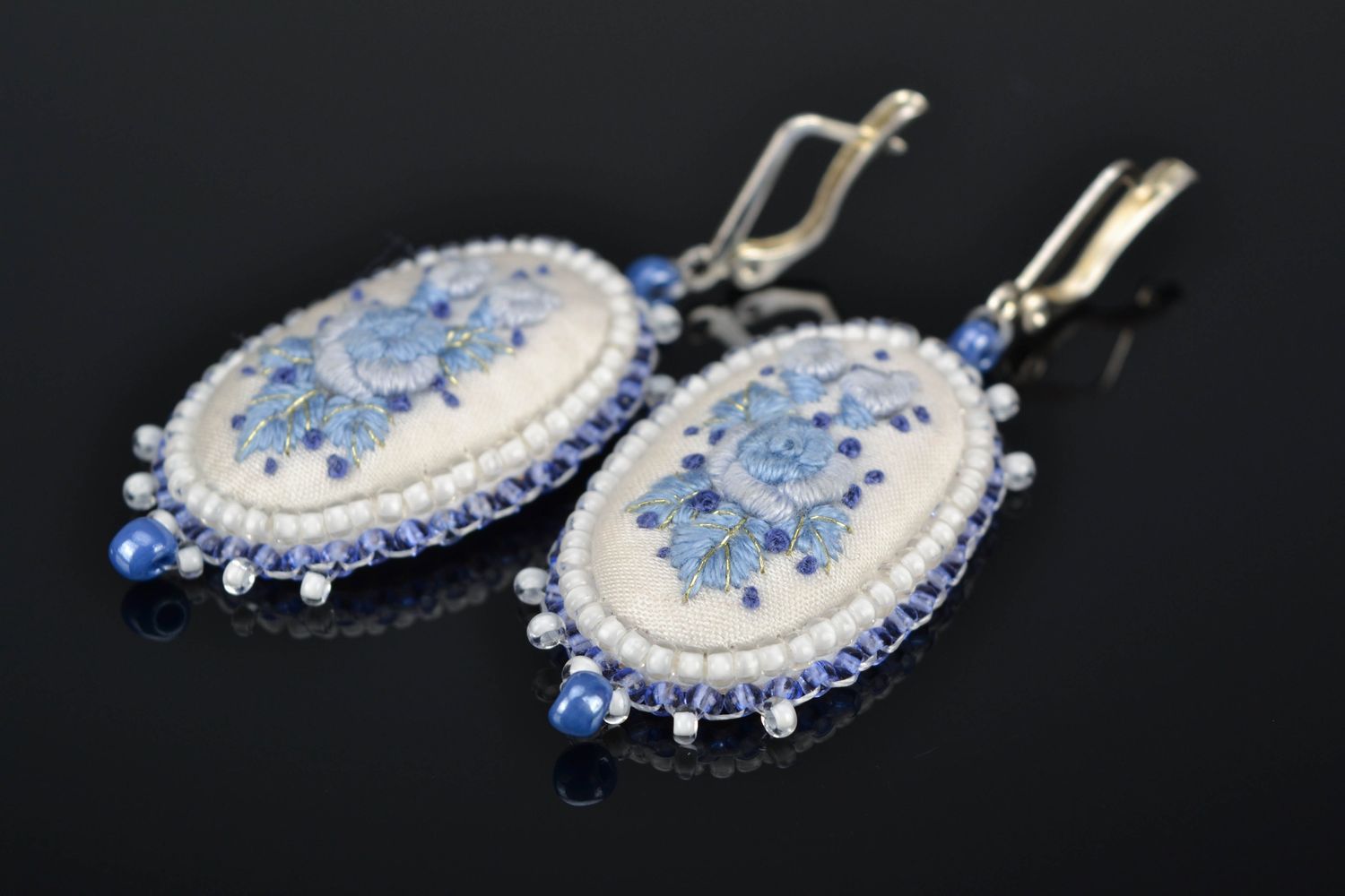 Satin stitch earrings with beads White and Blue photo 1