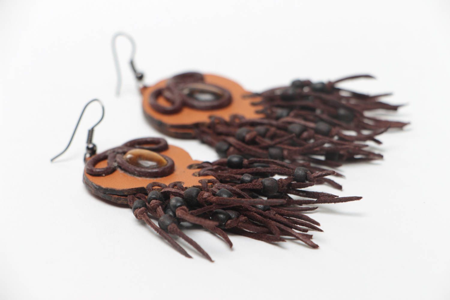 Handmade long leather earrings with fringe and natural tiger's eye stone photo 3