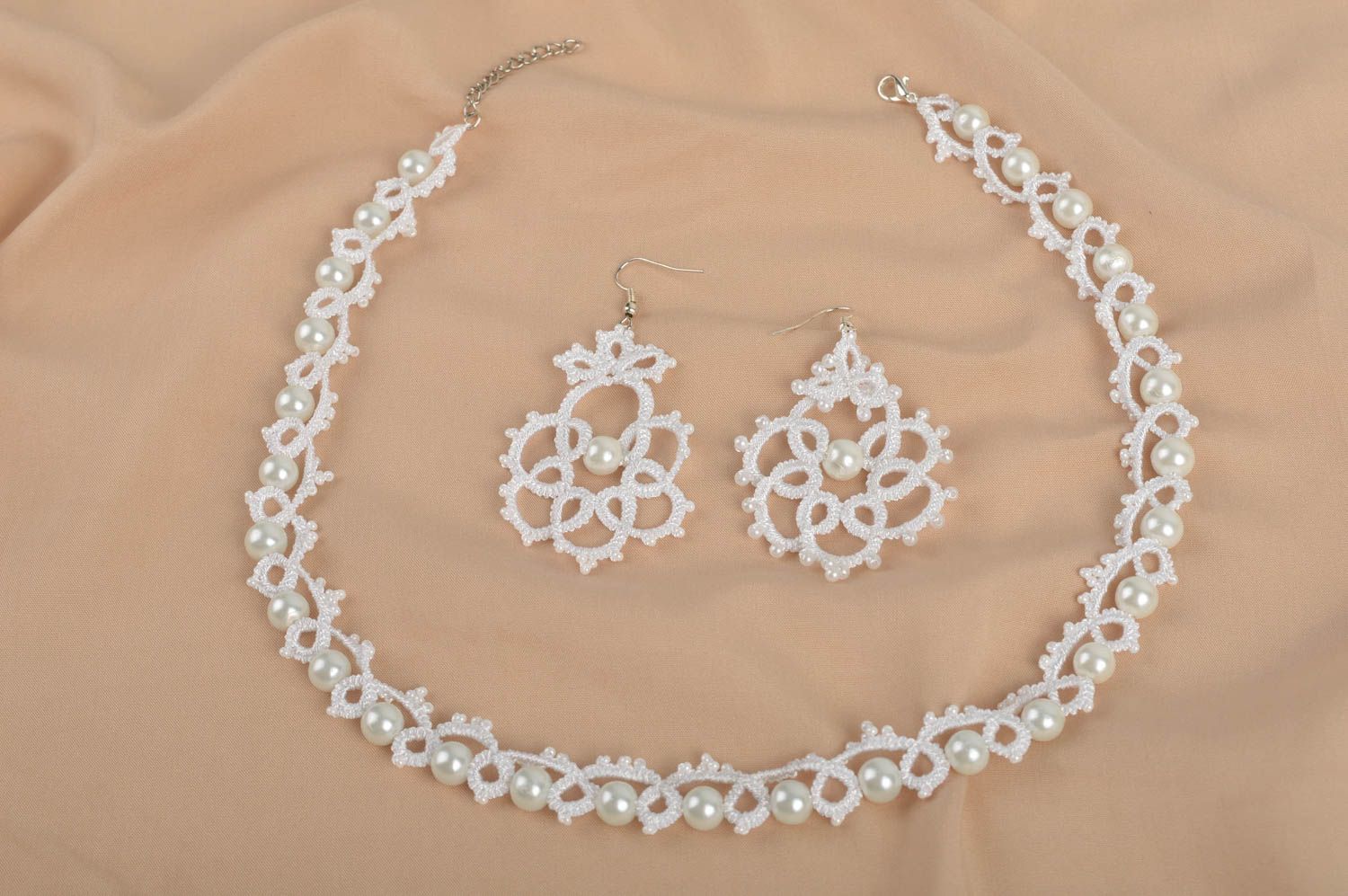 Beautiful handmade textile jewelry necklace and earrings tatting jewelry set photo 1