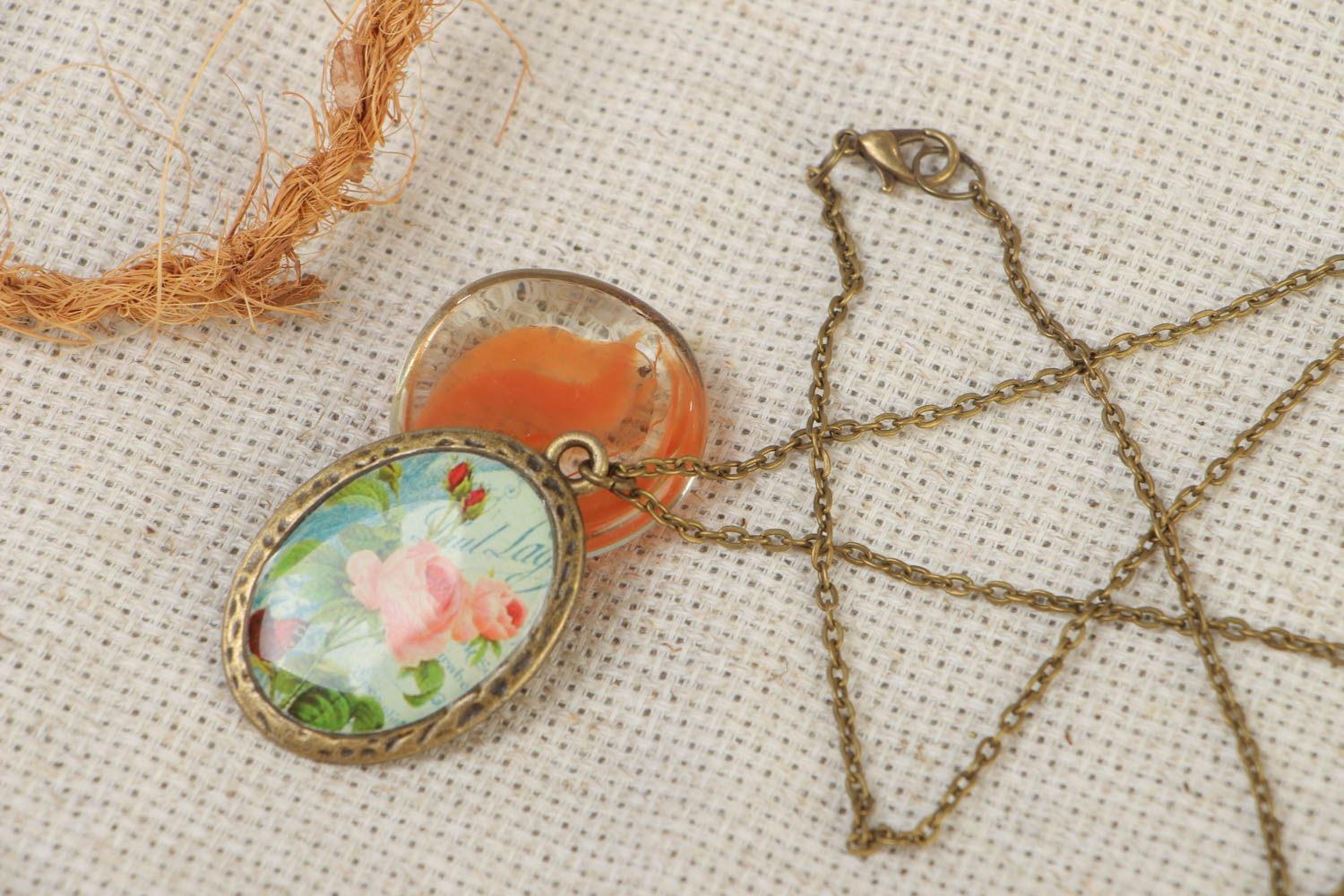 Handmade oval glassy glaze pendant with beautiful print on long chain photo 1