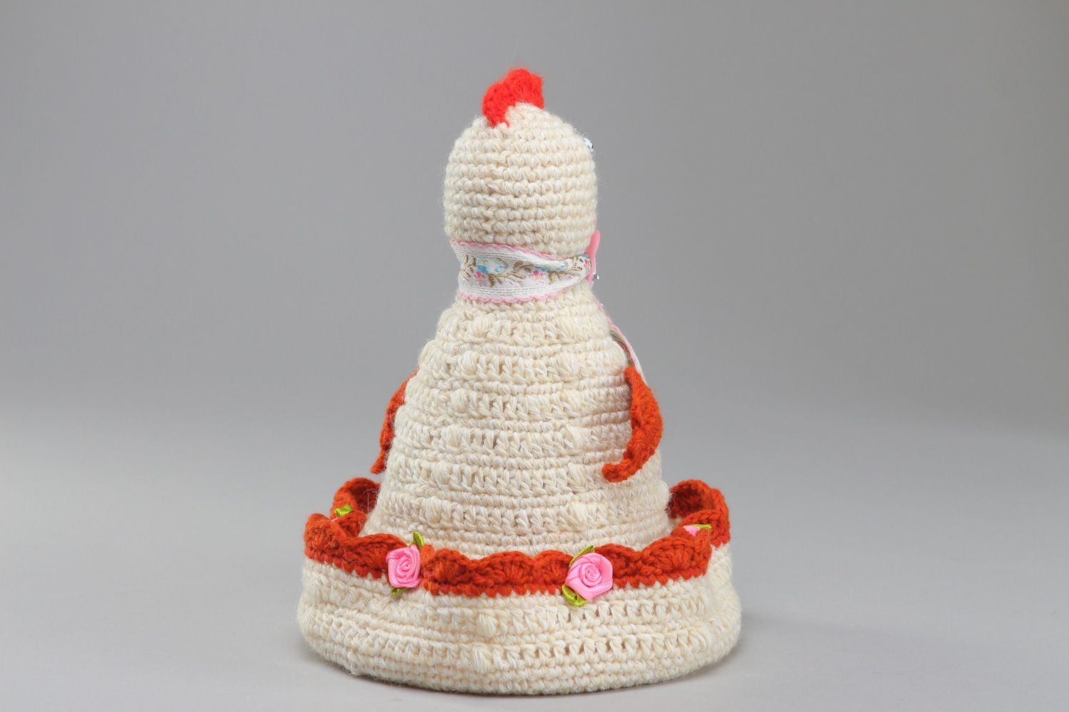 Handmade designer Easter decoration chicken soft toy crocheted of woolen threads photo 3