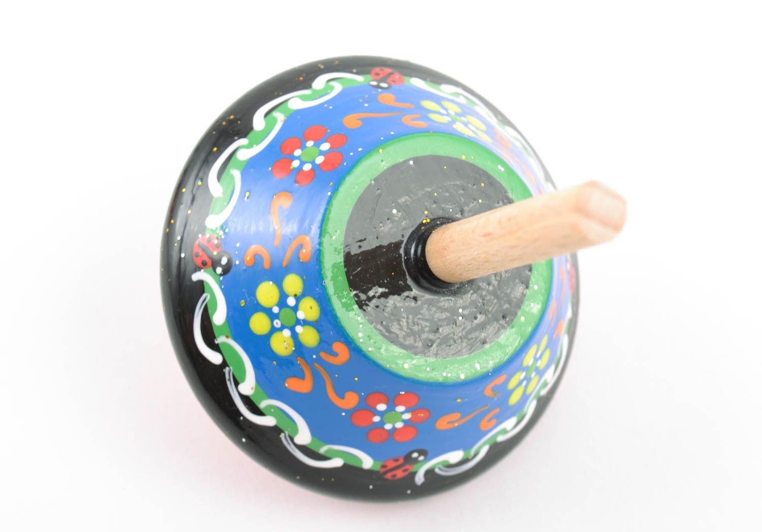 Handmade small blue wooden spinning top toy painted with eco dyes for children photo 3
