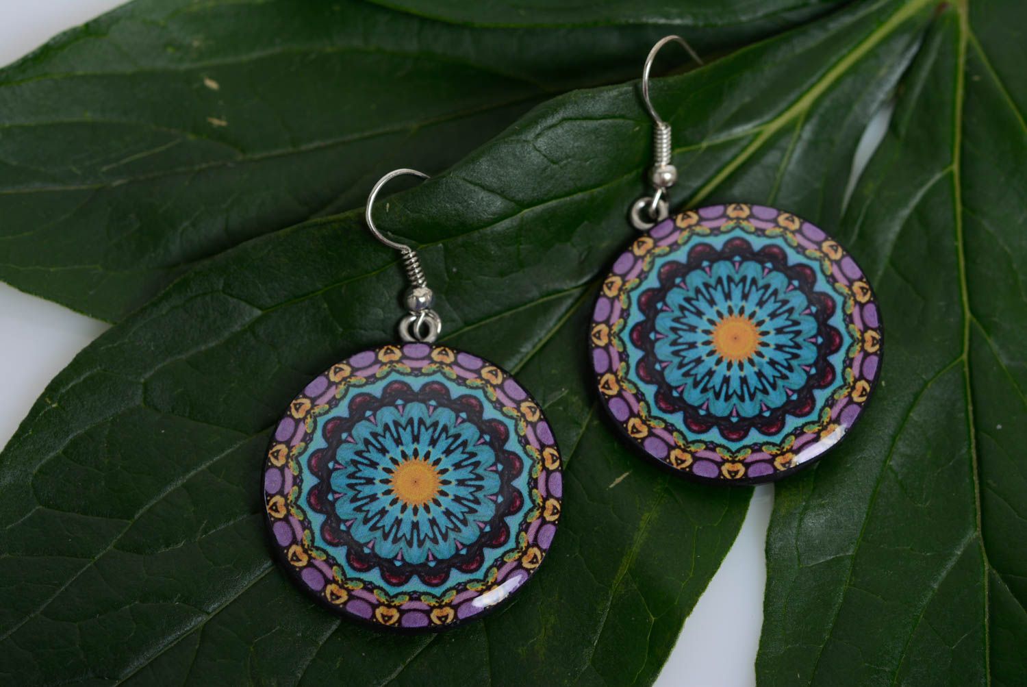 Earrings with decoupage print colored round polymer clay handmade jewelry photo 3
