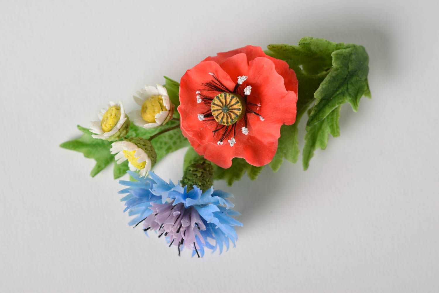 Handmade designer brooch with Japanese polymer clay blue cornflowers and poppy  photo 5