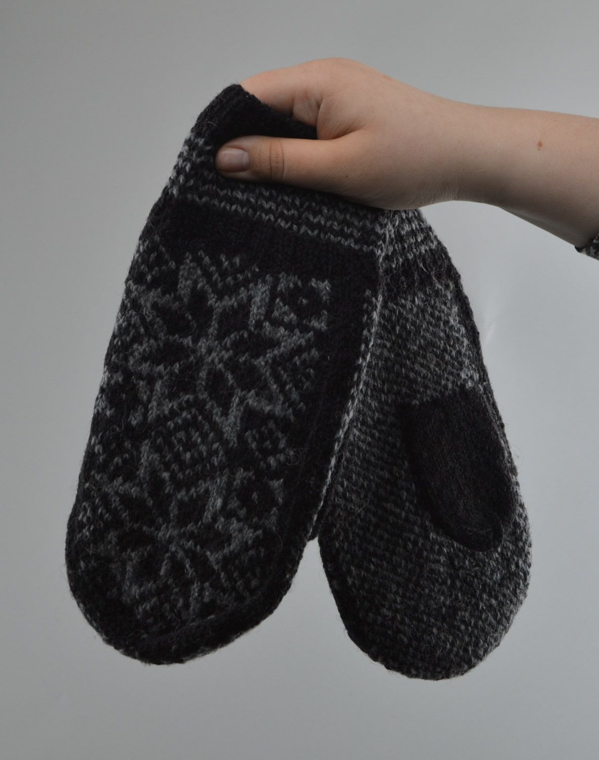 Dark gray warm homemade men's mitten knitted of sheep wool with ornaments  photo 3