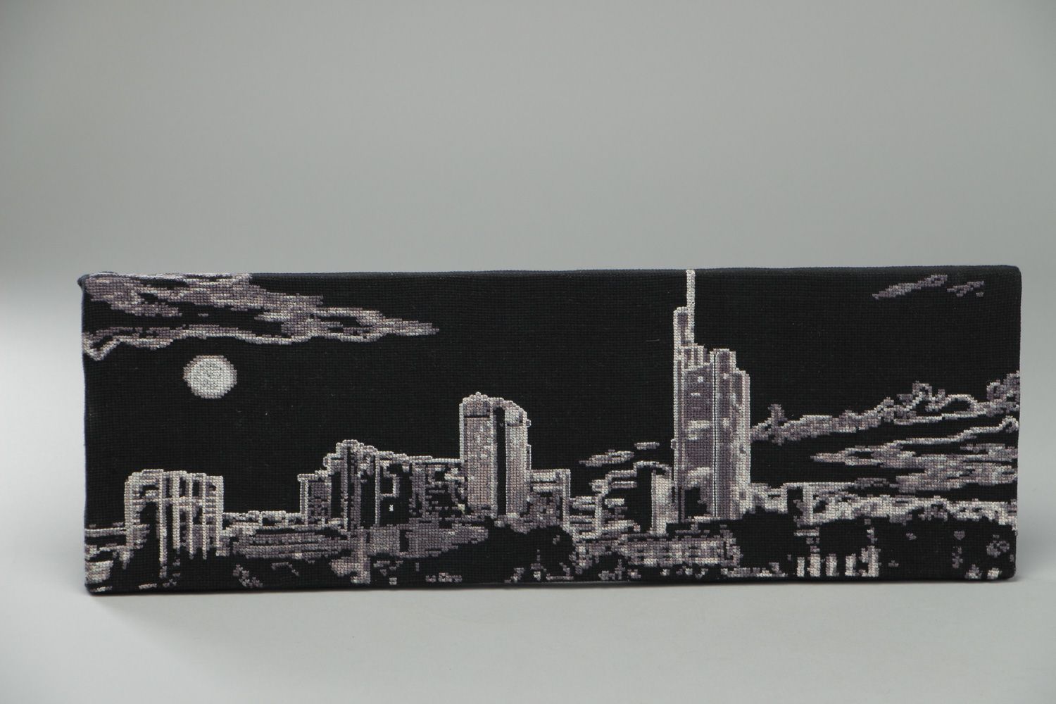 Handmade black and white cross stitch embroidered landscape picture Night City photo 1