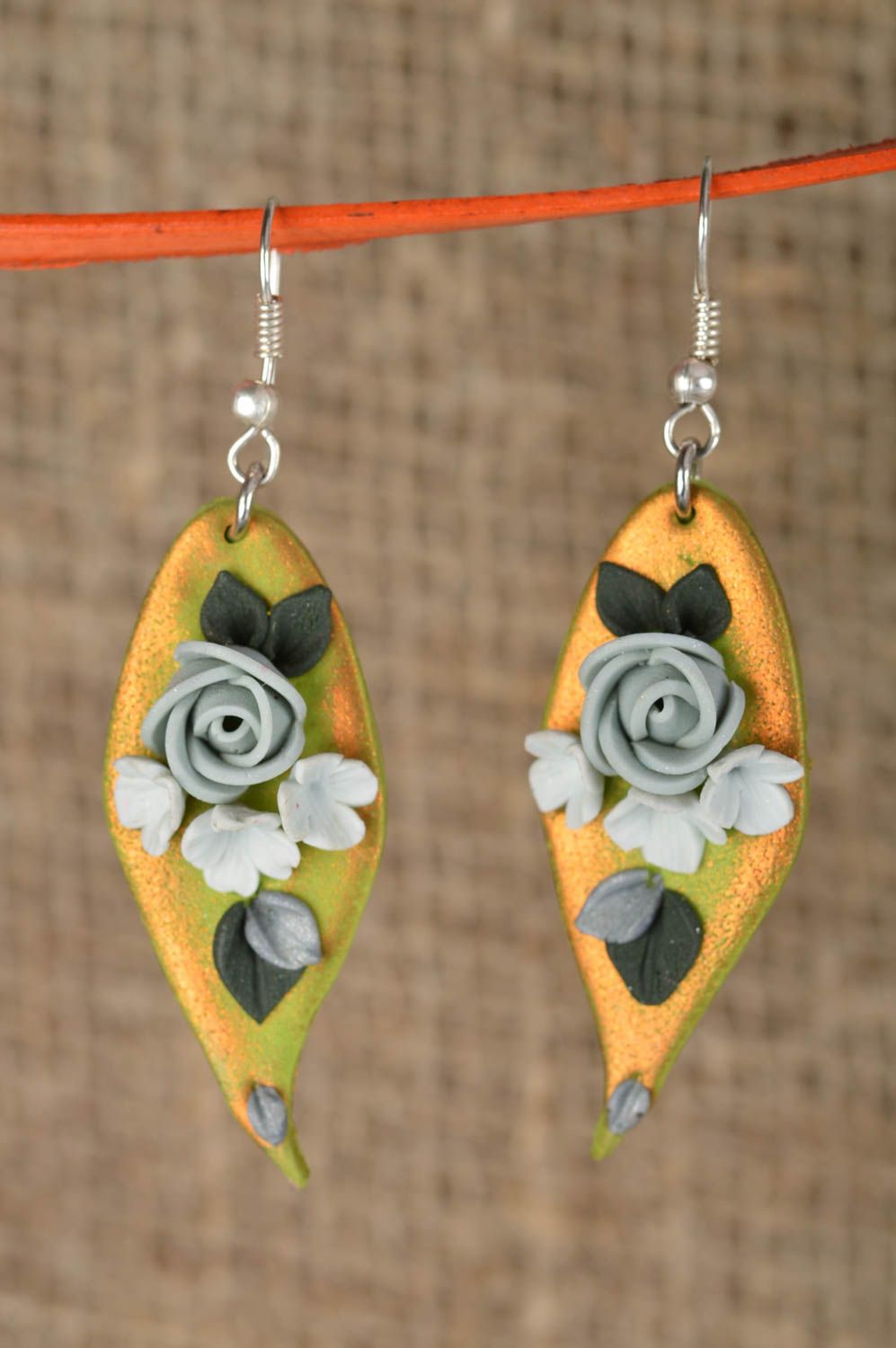 Designer earrings with flowers made of polymer clay handmade molded accessory photo 1