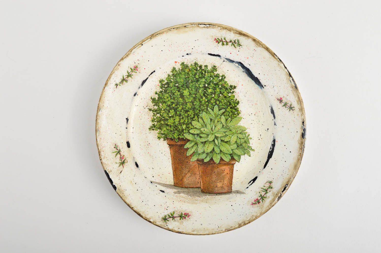 Handmade ceramic plate clay dishware painted plate decoupage plate greenery photo 3