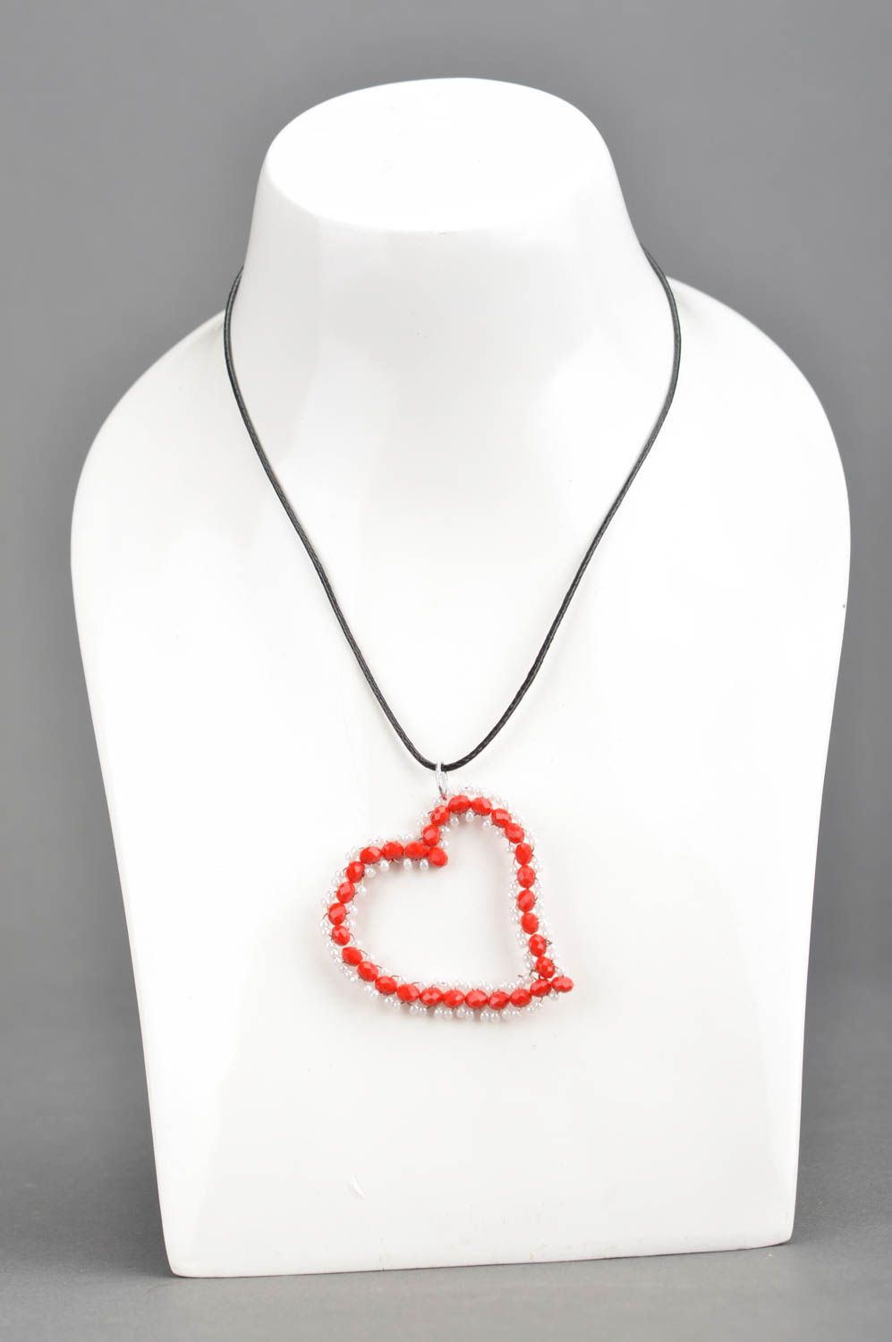 Handmade designer red heart shaped pendant with Czech crystal beads on cord photo 1