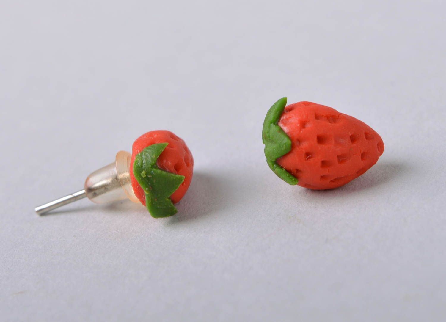 Handmade small cute stud earrings with cold porcelain red strawberries photo 4