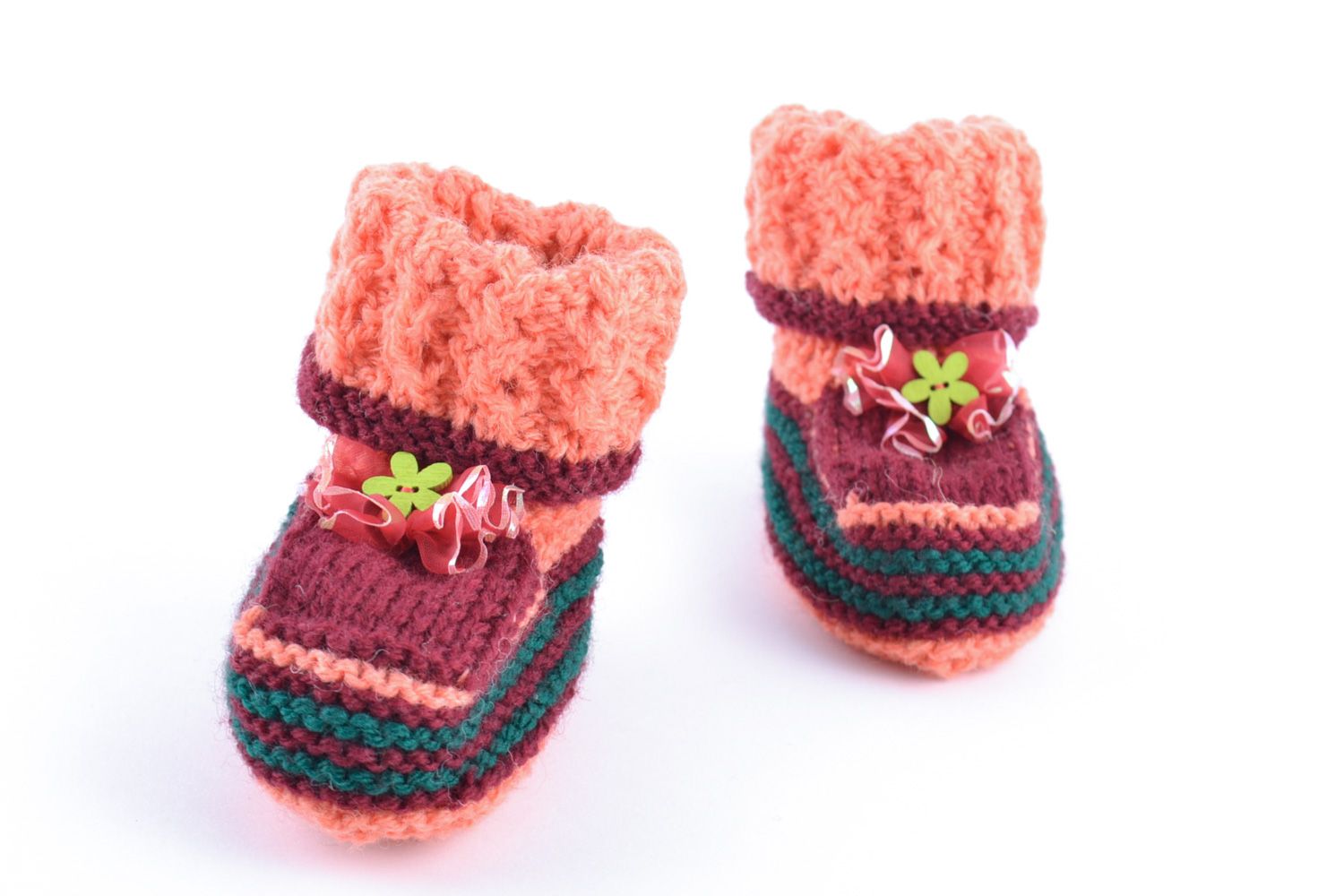 Small soft handmade baby booties knitted of natural wool in pink color palette photo 5
