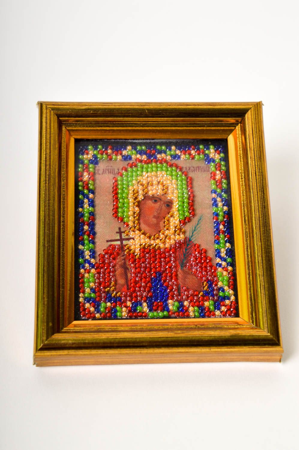 Икона ручной работы православная икона Богоматерь вышитая икона из бисера фото 2