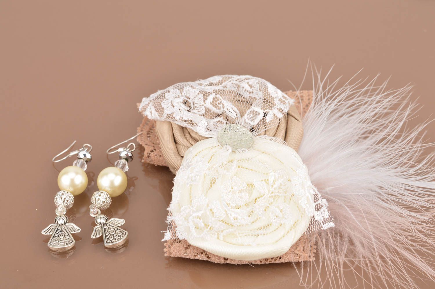 Festive stylish handmade beautiful set of jewelry headband and earrings photo 4