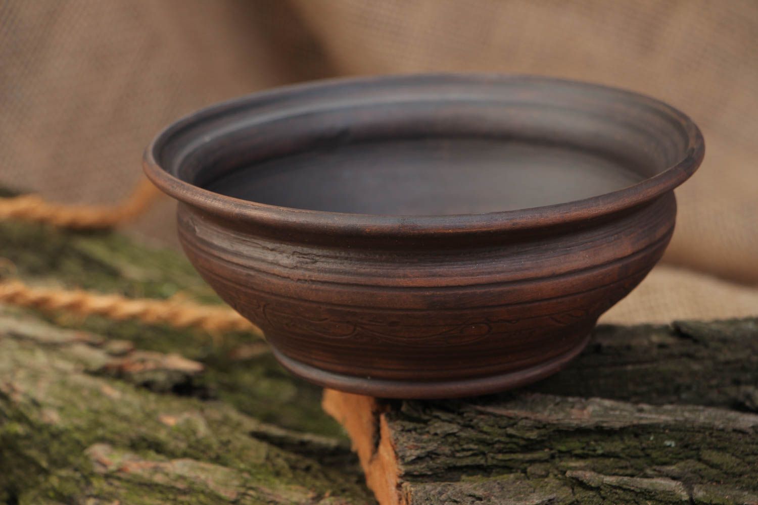 Homemade decorative bowl molded of clay in ethnic style kilned with milk 400 ml photo 1