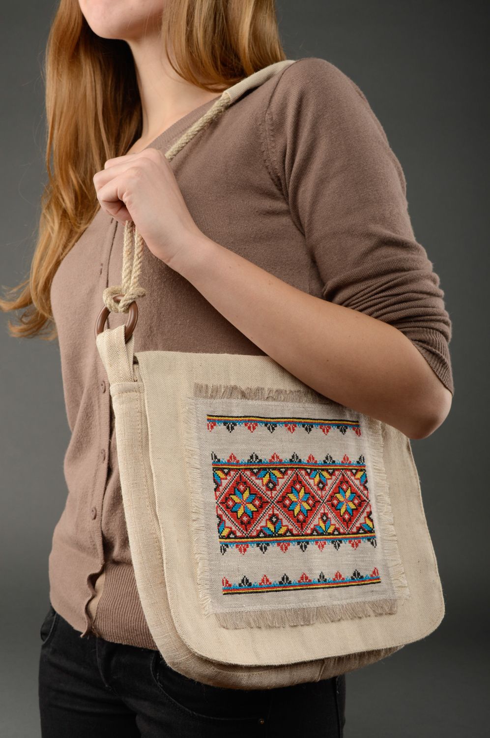 Handmade women's fabric bag with embroidery photo 2