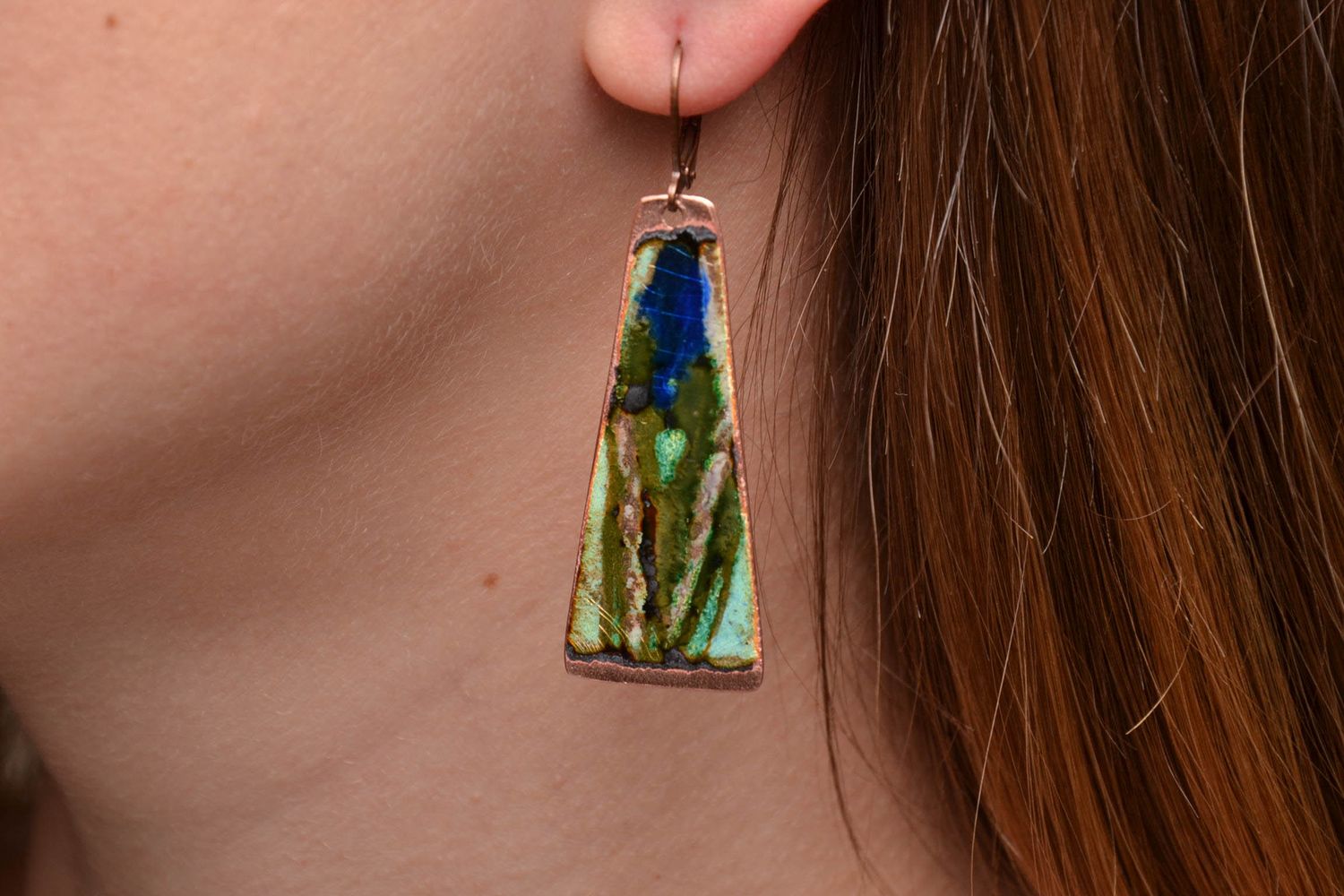 Handmade copper earrings painted with enamels photo 1