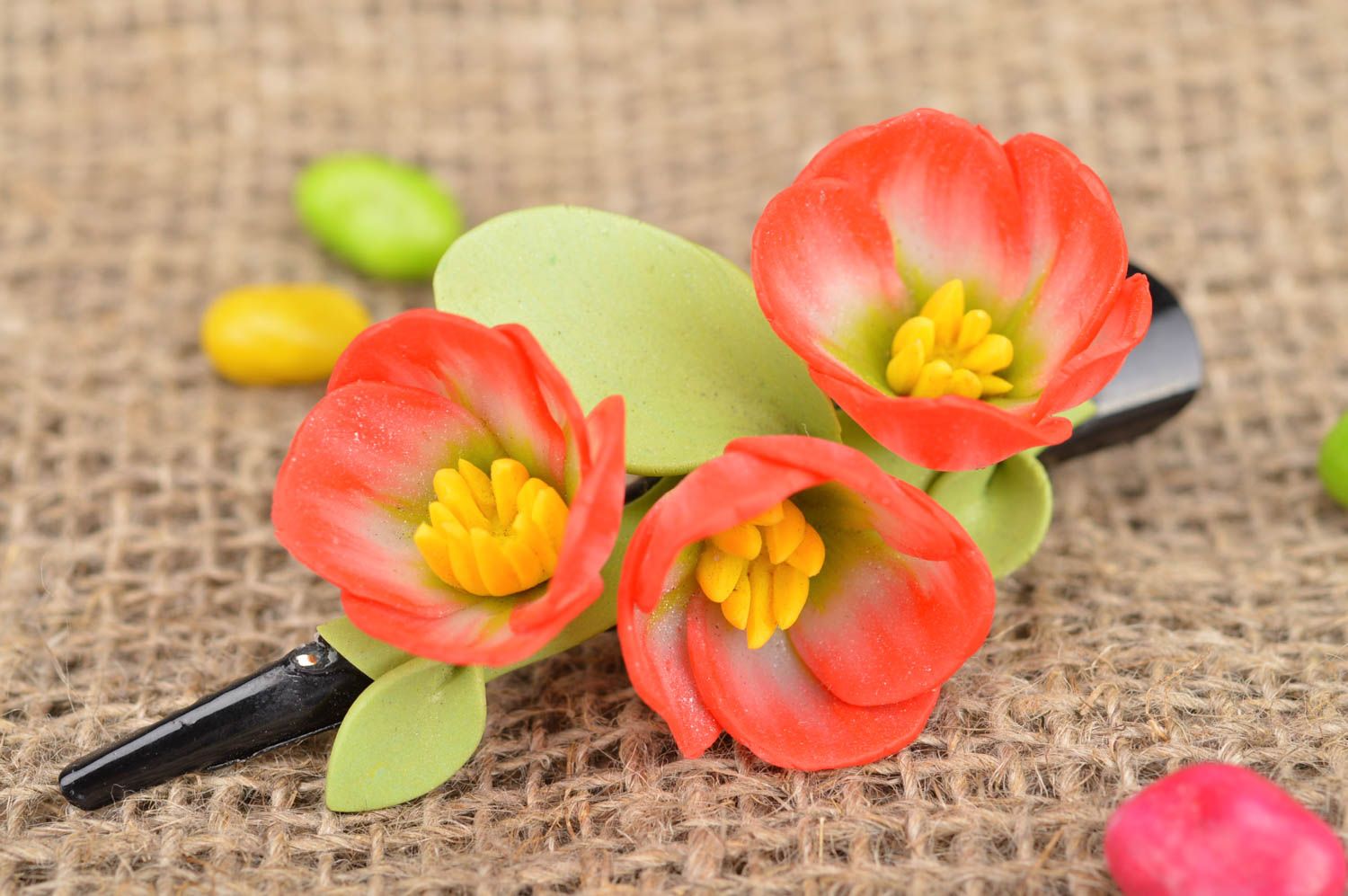Red and yellow handmade designer polymer clay flower barrette photo 1