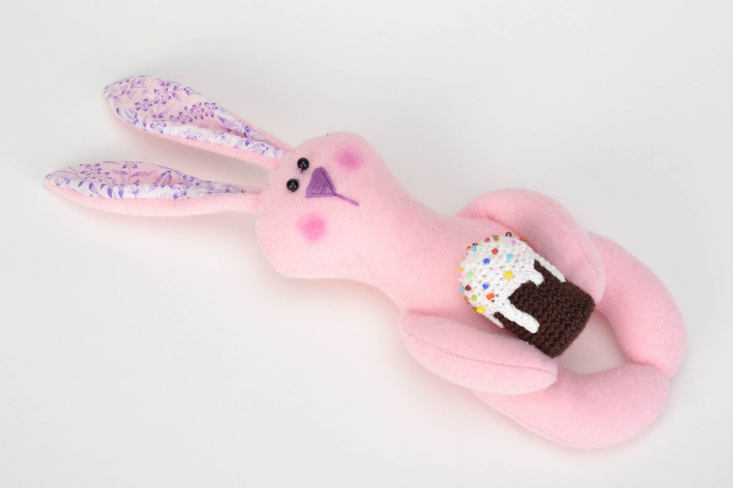 Текстильный заяц с куличом игрушка ручной работы розовая пасхальная красивая фото 3