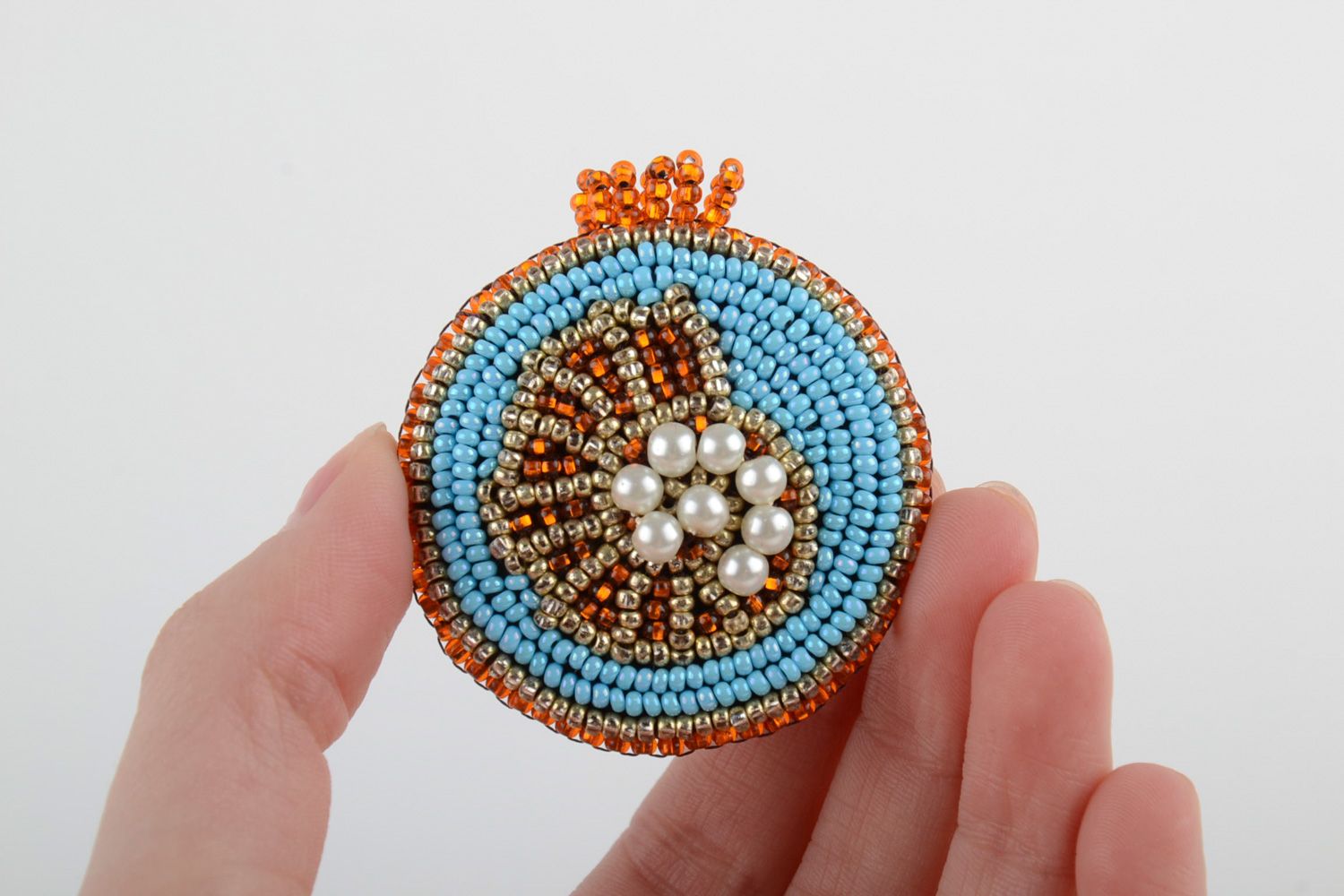 Handmade round brooch neck pendant woven of Czech beads of blue color photo 5