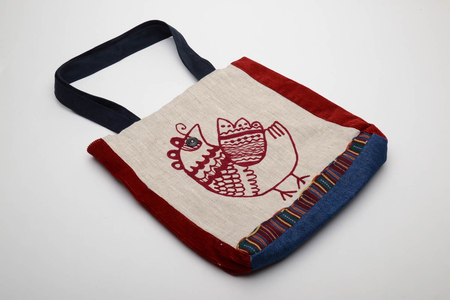 Handmade fabric bag with embroidered bird photo 3